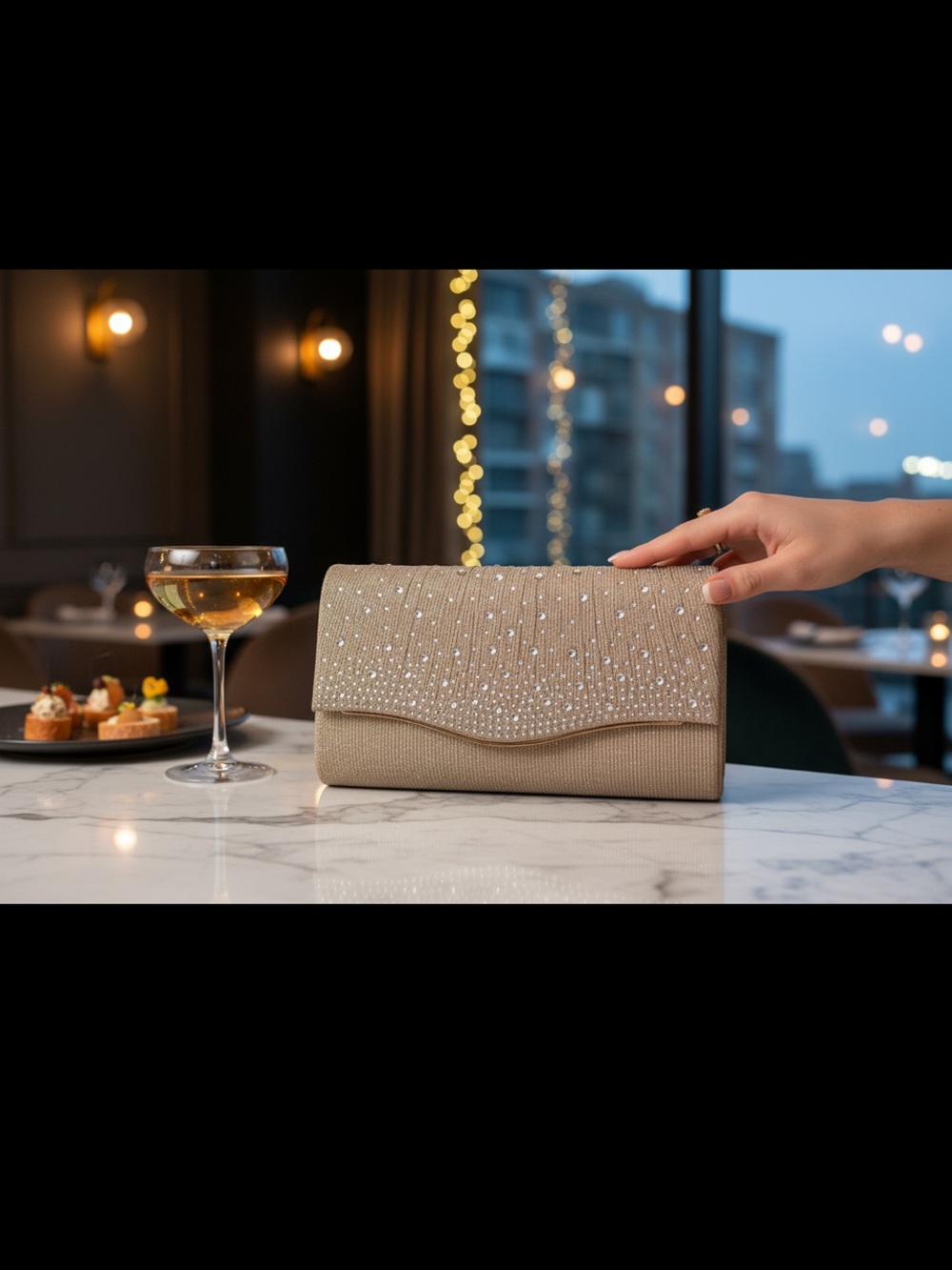 New Sparkling Champagne Gold Rhinestone Pleated Evening Clutch / Crossbody ✨